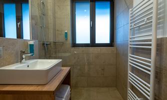 A modern bathroom with a clear shower cubicle and a wooden sink. Large windows provide plenty of daylight.