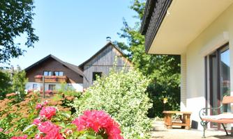 A beautiful garden with colorful roses and a well-maintained entrance. In the background, houses and a clear sky can be seen.
