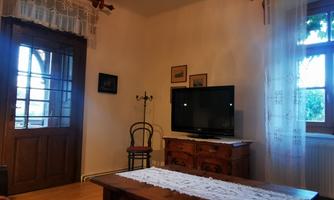 A cozy living room with wooden floors and large windows. A television stands on an elegant dresser, and a chair hangs on the wall.