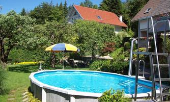 A swimming pool in a beautiful garden with lots of greenery. In the background, there are trees and a house visible.