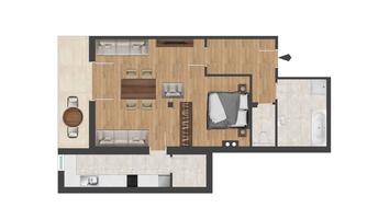 A colored floor plan drawing of an apartment. The rooms are clearly depicted, including living room, kitchen, bedroom, and bathroom.
