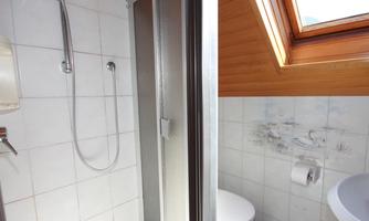 A modern bathroom with a shower and a toilet. It has bright tiles and a wooden ceiling.