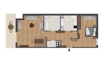 A modern apartment with an open living area, bedroom, and kitchen. The floor plan shows the arrangement of the rooms and furniture.