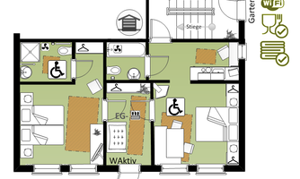 A floor plan of a vacation apartment with two bedrooms, a living room, and a bathroom. The apartment is wheelchair accessible and has a garden.