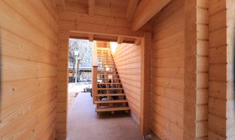 A bright wooden hallway with a staircase in the background. The walls are made of wood and there is plenty of daylight.