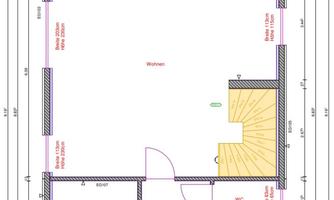 A floor plan of a room with different areas. There is a sauna, a WC, and a staircase to the upper area.
