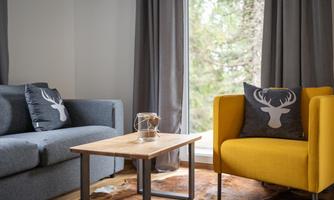 A harmoniously coordinated living area with lovely details: the modern grey sofa and striking yellow armchair create stylish contrasts, while the simple wooden table in the centre conveys naturalness. The decorative cushions with a deer motif give the room an alpine touch and emphasise its cosy yet modern character. Soft daylight streams in through the floor-to-ceiling window, further enhancing the homely atmosphere.’