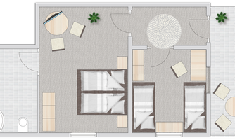 A modern room layout with two single beds, a round rug, and two chairs. There is also a small table and plants in the corners.