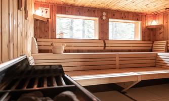 A cozy sauna with wood paneling and benches. Daylight streams through the windows, creating a relaxing atmosphere.