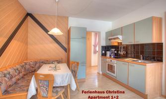 A spacious kitchen with dining area and modern appliances. The apartment feels inviting and cozy.