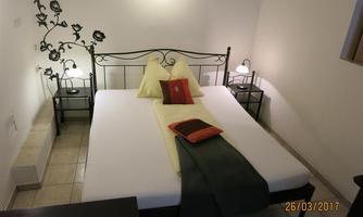 A simple bedroom with an iron bed and pillows in yellow and black.  
On the wall are decorative plant patterns that create a cozy atmosphere.