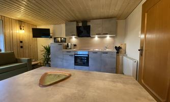 A modern kitchen with gray cabinets and a stove. The living room has a cozy atmosphere with a sofa and a wooden ceiling.