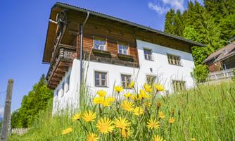A charming house in the countryside with wooden elements. In front, yellow flowers bloom in a meadow.