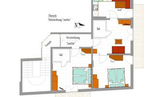 A simple layout sketch of a vacation apartment with different rooms such as bedroom, living area, and bathroom. The plan shows the arrangement of the furniture and the overall structure of the apartment.