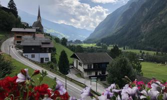 A picturesque valley with houses surrounded by mountains and green meadows. Colorful flowers in the foreground give the image a vibrant accent.
