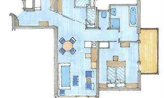 A colorful sketch of an apartment layout. It shows rooms, furniture, and a balcony.
