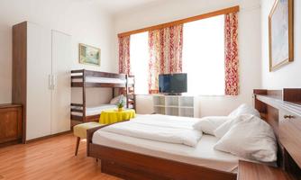 A bright bedroom with a double bed and a loft bed. The decor is simple and modern, with a television and large windows that let in plenty of light.