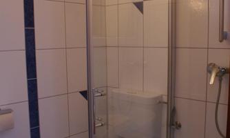 A small bathroom shower with glass walls and modern tiles. The toilet is also placed in the room.