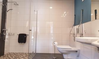 A modern bathroom with a walk-in shower and a toilet. The walls are tiled in light colors, and there is a large mirror.