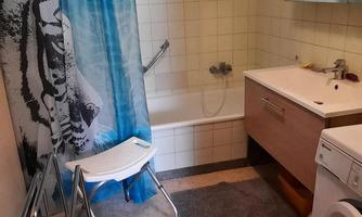 A bathroom with a bathtub, a washing machine, and a shower curtain with a tiger pattern. The floor is equipped with a rug and a stand for towels.