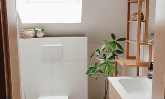 A modern bathroom with an elegant toilet and a wooden sink. There are plants and plenty of natural light from the skylight.