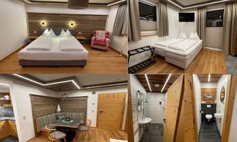 A modern room with hardwood floors and cozy furnishings. It features several areas, including sleeping spaces and a bathroom.