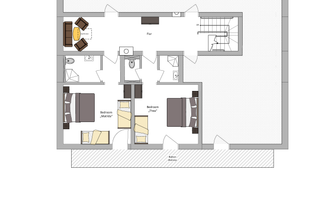 A floor plan of the third floor of the Hotel Lindenhof. It shows two bedrooms, a bathroom, and a living area.