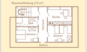 An apartment floor plan sketch with a total area of 75 m². It shows a bathroom, a kitchen, an entrance hall, and three rooms, as well as a balcony.