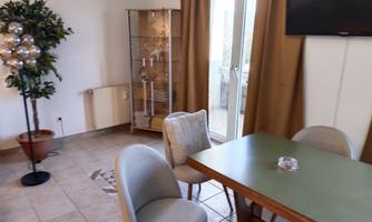 A cozy room with a table, chairs, and a television. In the background, there is an artificial tree and a display case.
