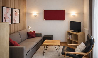 A modern living room with a gray couch, a wooden coffee table, and a television. Two pictures hang on the wall, and there is a comfortable armchair in the corner.