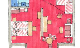 A floor plan of an apartment with multiple rooms. The rooms are depicted in different colors, featuring a central dining area and living zones.