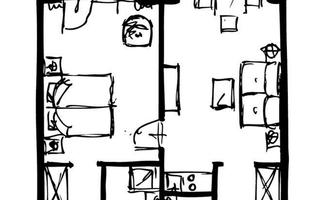 A simple sketch of a floor plan with various rooms. The plan shows a living and kitchen area as well as sleeping accommodations.