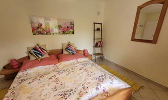 A cozy bedroom with a large bed and colorful cushions. A beautiful flower picture hangs on the wall, and there is a mirror as well as a small shelf.