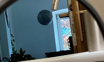 A round mirror shows a room with a hanging lamp and a window. Outside, colorful leaves and plants are visible.