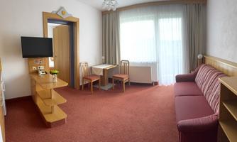 A cozy hotel room with a red carpet, a sofa, and a table with chairs. There is plenty of daylight and a beautiful view in front of the window.
