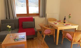 A cozy living room with a gray sofa and a red pillow. The dining area consists of a wooden table and chairs, decorated with a wine bottle and flowers.