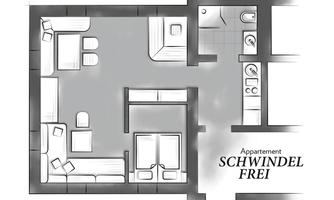 A simple floor plan of an apartment with multiple rooms. The plan shows a bedroom, a bathroom, and a living area.