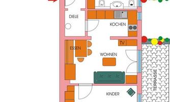 A schematic representation of an apartment with various rooms, including kitchen, living area, and bathroom. The floor plan shows the arrangement of furniture and doors.