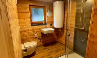 A modern bathroom with wooden cladding. It features a shower, a sink, and a toilet.