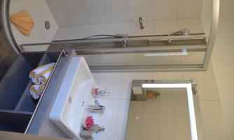 A modern bathroom with a shower and a sink. It also includes decorative elements like plants and towels.