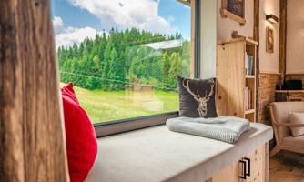 A cozy indoor space with a view of a green forest landscape through the window. On the windowsill lie a gray towel and a raw pillow.