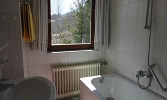 A bright bathroom with a window overlooking a green landscape. It has a bathtub, a sink, and a radiator.