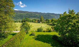 A picturesque landscape with green meadows and tall trees. In the background, one can see mountains and a beautiful house.