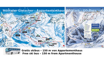 A ski map that shows the slopes and lifts of the Mölltal Glacier. Information about the free ski bus is also included.