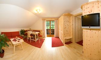 A bright room with wooden paneling and a red carpet. There is a seating area, a dining table, and access to a balcony.