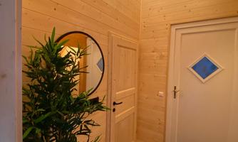 A bright hallway with wood paneling. There is a mirror and a plant on the wall, next to it is the entrance door with a blue window.