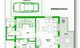 A floor plan drawing of a ground floor with a carport on top. The living area, kitchen, and bathroom are well arranged.