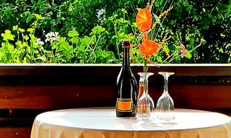 A decorated table with a bottle of sparkling wine and two glasses. In the background, there are green plants and colorful flowers.