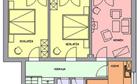 A floor plan of an apartment with several rooms. The layout shows two bedrooms, a living room, and a corridor.