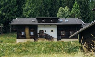 A charming house in the midst of a green meadow, surrounded by trees. The clear sky creates a pleasant atmosphere.